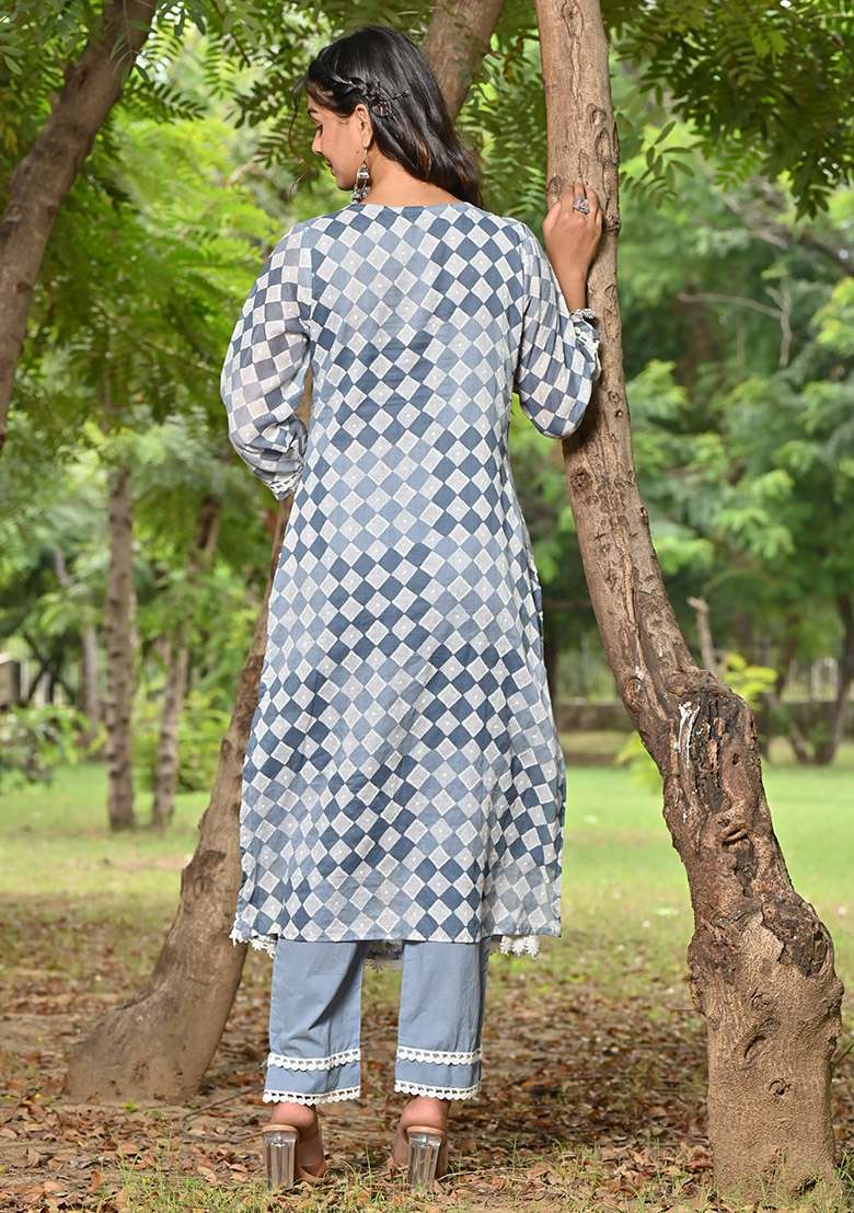 Blue Printed Cotton A Line Kurta Set - Indya