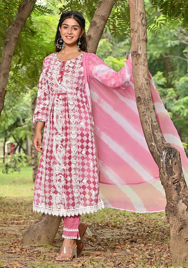 Pink Printed Cotton A Line Kurta Set - Indya