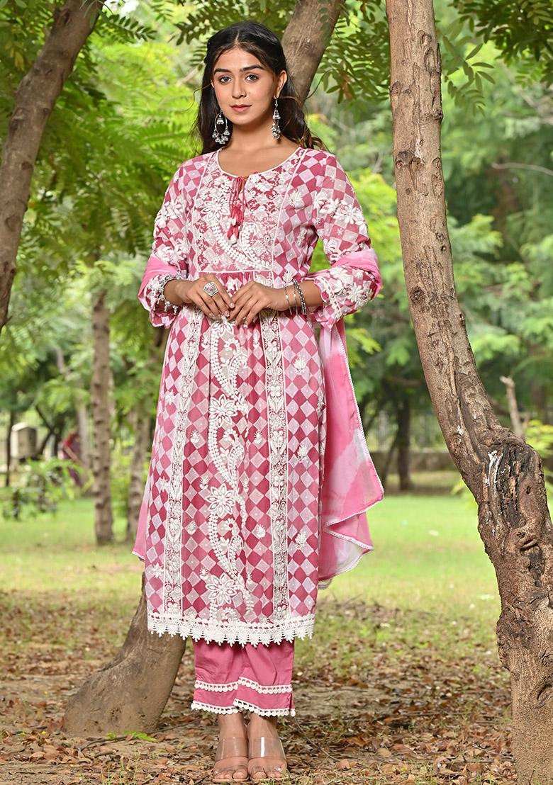 Pink Embroidered Cotton Kurta Set