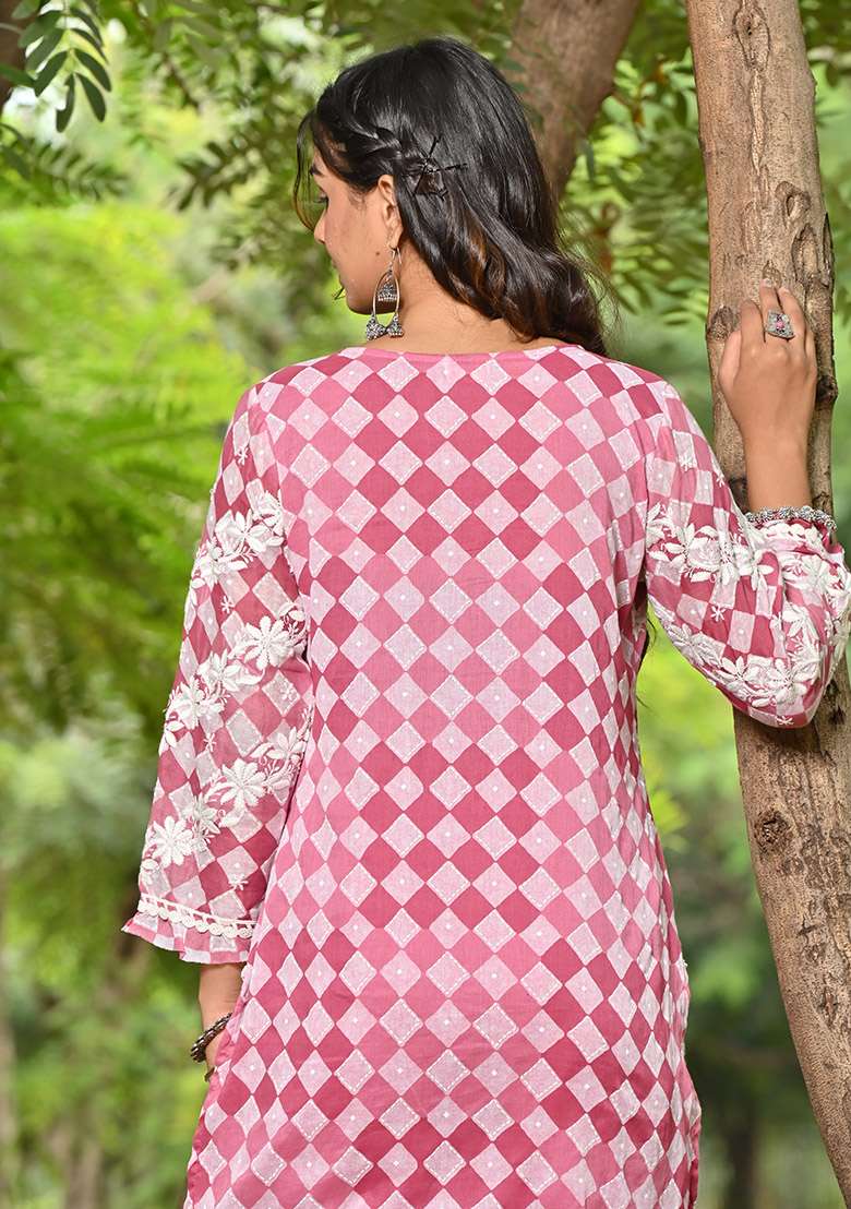 Pink Printed Cotton A Line Kurta Set - Indya