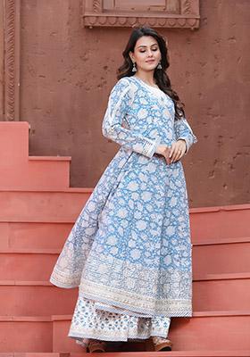 Blue Hand Embroidered Cotton Anarkali Kurta With Inner