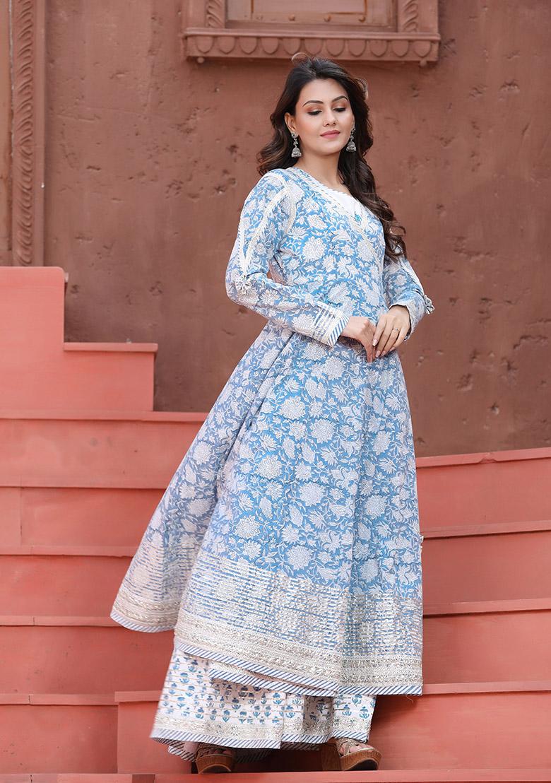 Blue Hand Embroidered Cotton Anarkali Kurta With Inner