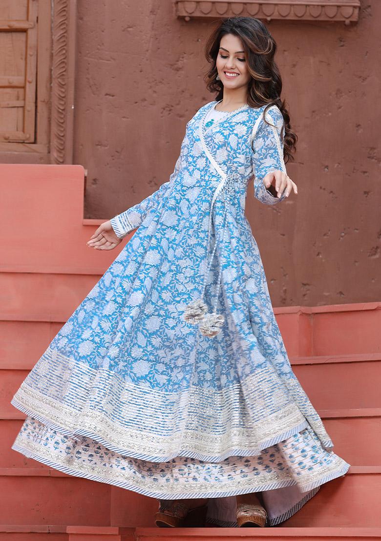 Blue Hand Embroidered Cotton Anarkali Kurta With Inner