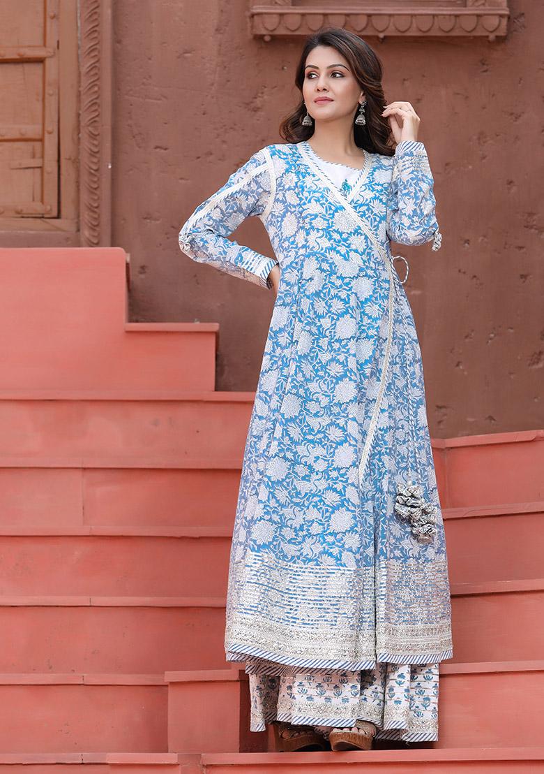 Blue Hand Embroidered Cotton Anarkali Kurta With Inner