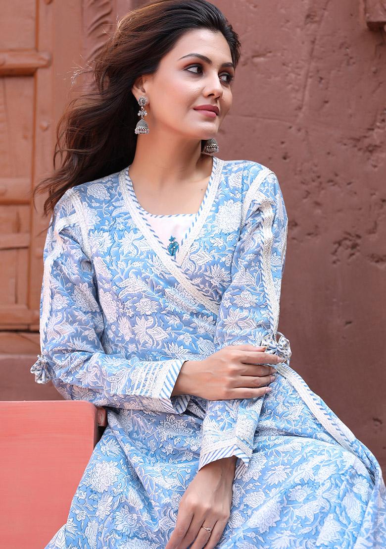 Blue Hand Embroidered Cotton Anarkali Kurta With Inner