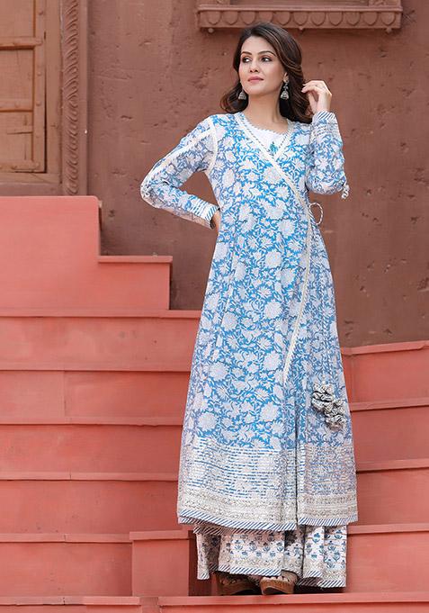 Blue Hand Embroidered Cotton Anarkali Kurta With Inner