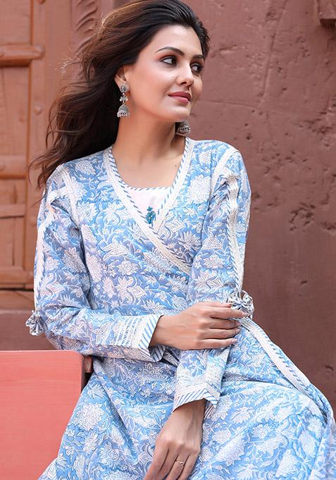 Blue Hand Embroidered Cotton Anarkali Kurta With Inner