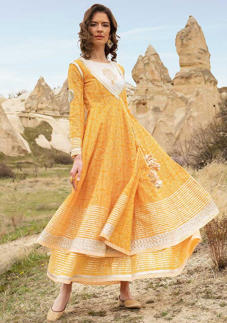 Yellow Embroidered Cotton Angrakha Kurta