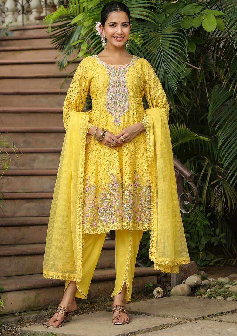 Yellow Embroidered Cotton Pakistani Suit Set - Indya