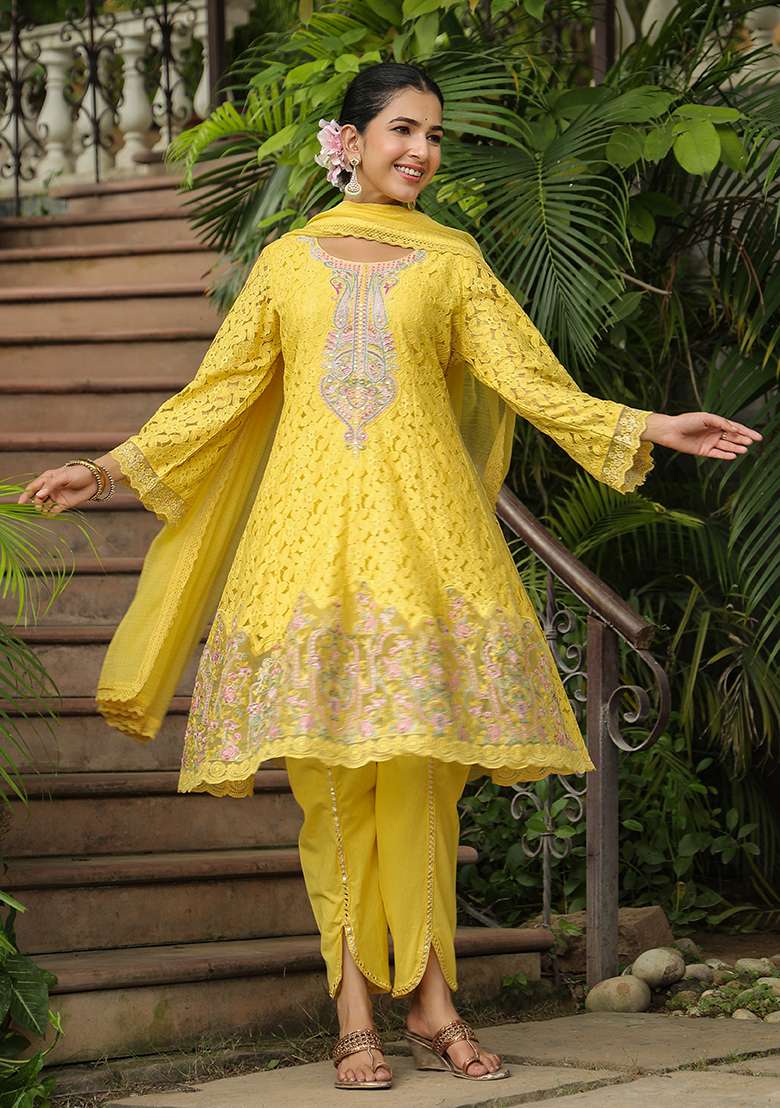 Yellow Embroidered Cotton Pakistani Suit Set - Indya