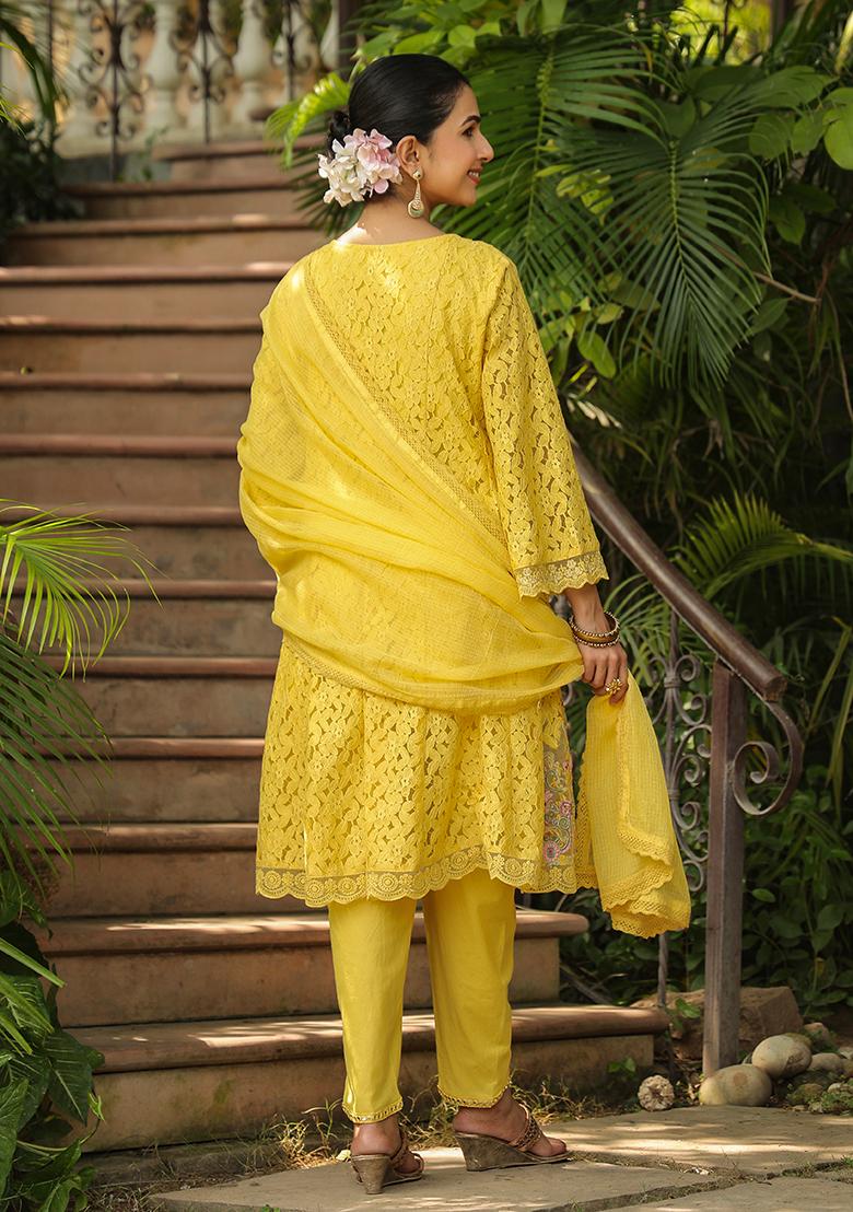 Yellow Embroidered Cotton Anarkali Set