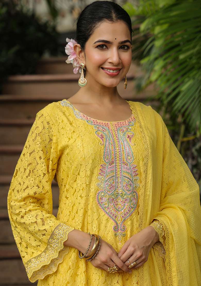 Yellow Embroidered Cotton Pakistani Suit Set - Indya