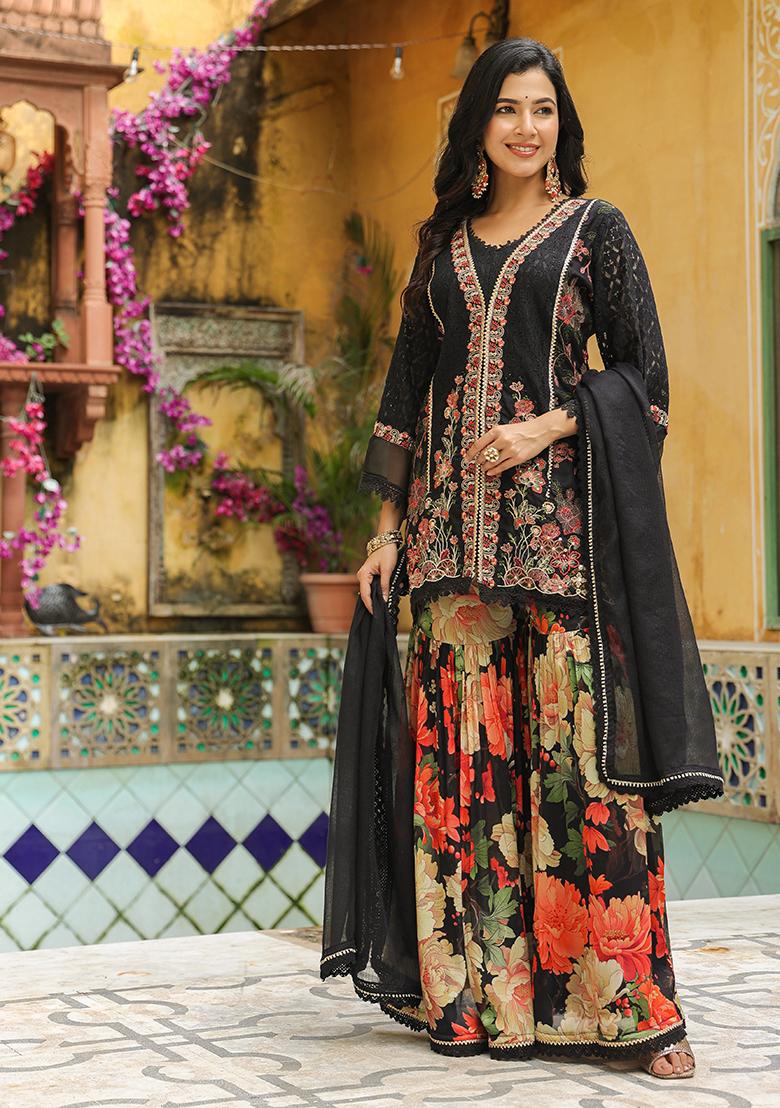 Black Embroidered Cotton Sharara Set