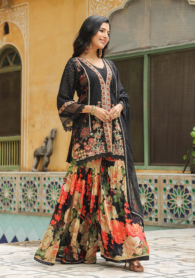 Black Embroidered Cotton Sharara Set