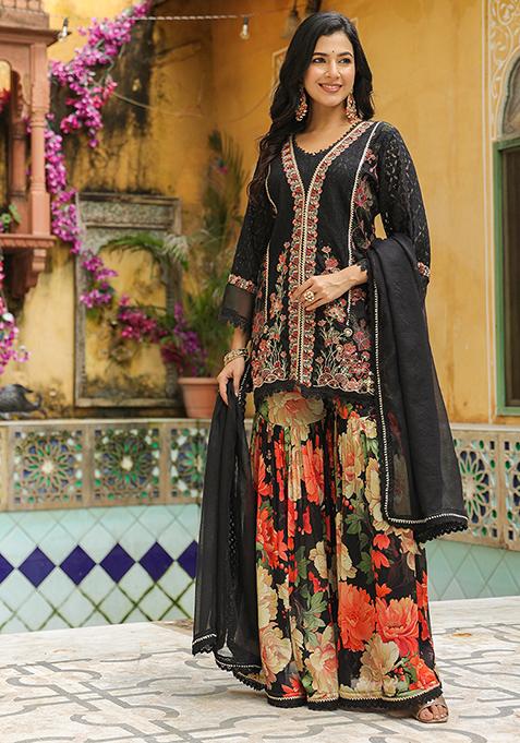 Black Embroidered Cotton Sharara Set