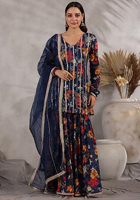 Blue Embroidered Cotton Sharara Set