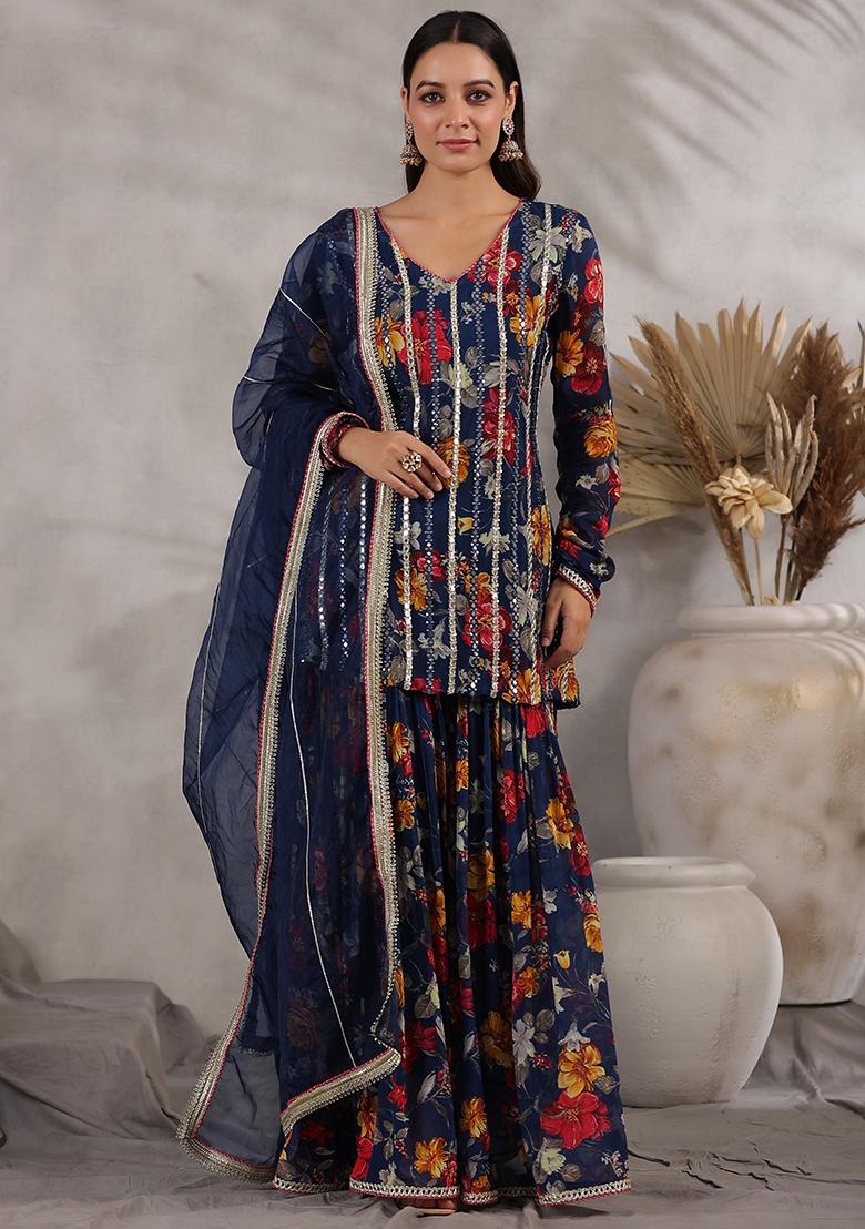Blue Embroidered Cotton Sharara Set