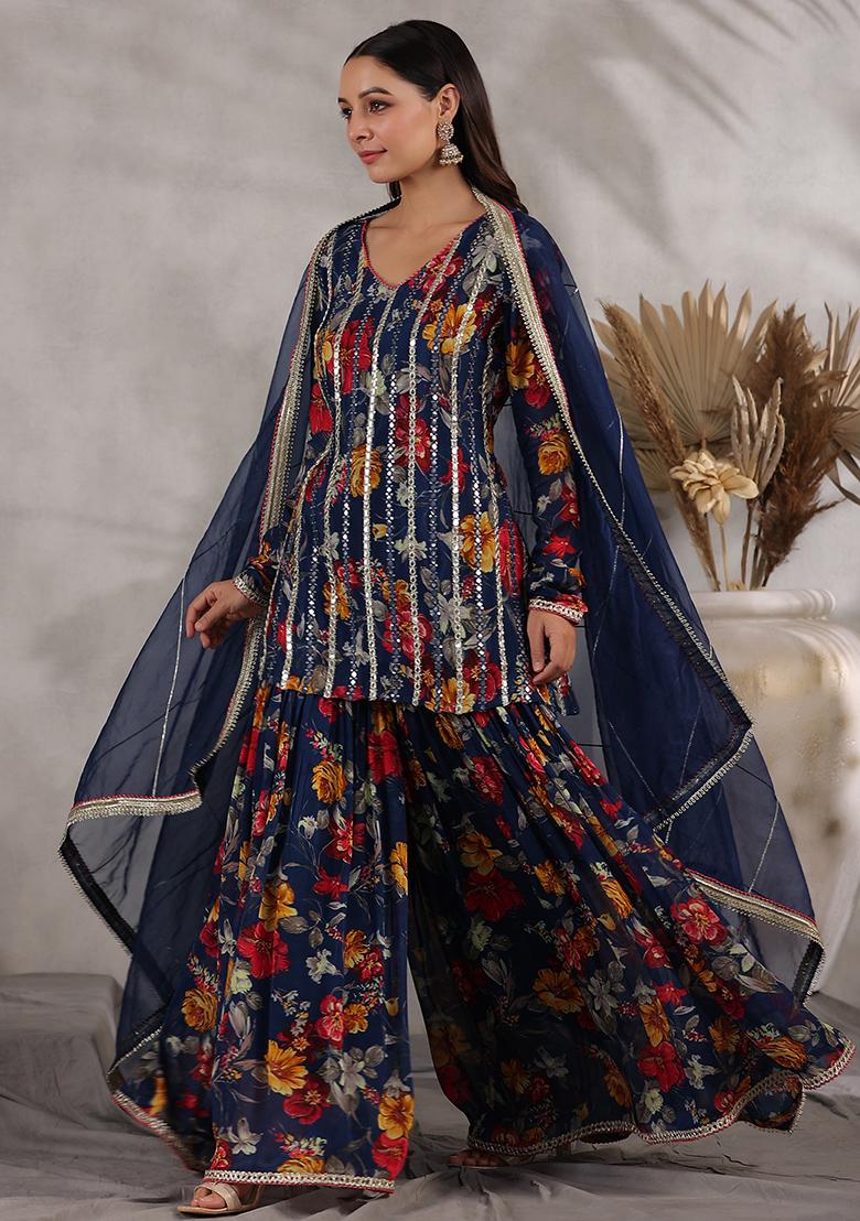 Blue Embroidered Cotton Sharara Set