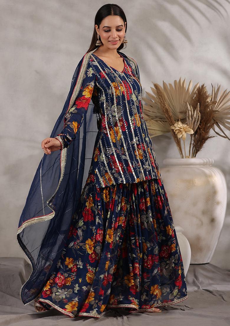 Blue Embroidered Cotton Sharara Set