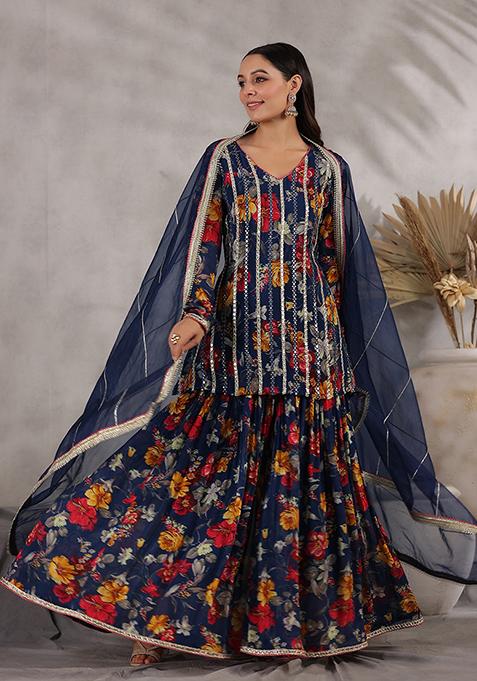 Blue Embroidered Cotton Sharara Set