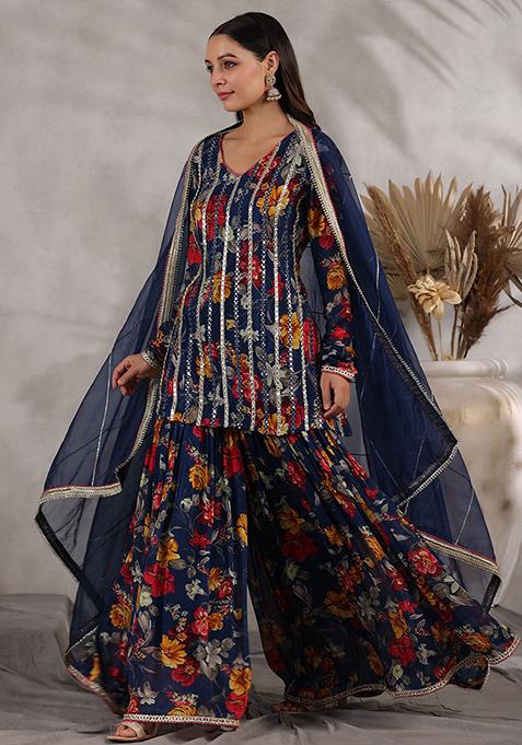 Blue Embroidered Cotton Sharara Set