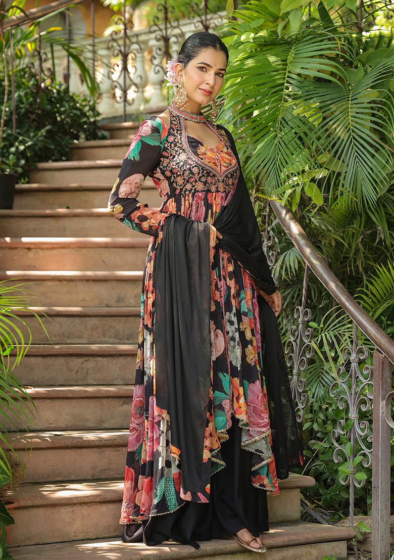 Black Embroidered Cotton Sharara Set