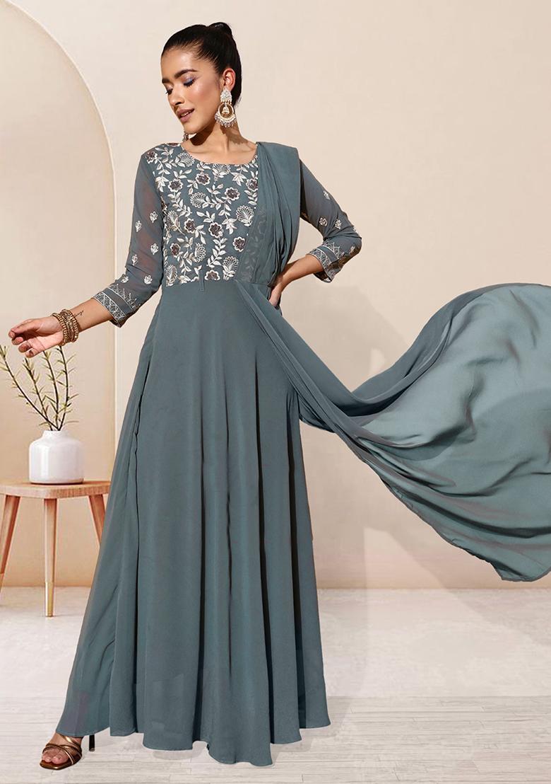 Grey Sequin Embroidered Georgette Gown