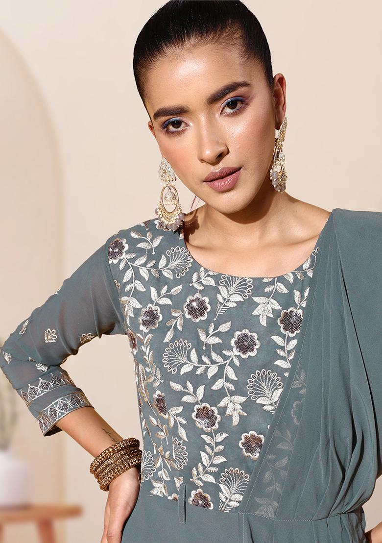 Grey Sequin Embroidered Georgette Gown