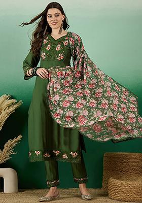 Green Zari Embroidered Roman Silk Kurta Set