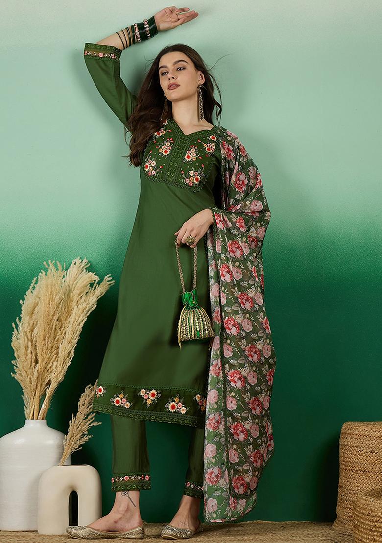 Green Zari Embroidered Roman Silk Kurta Set