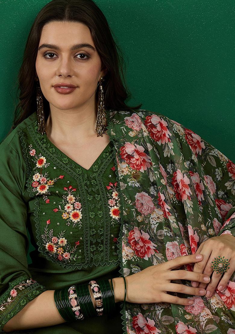 Green Zari Embroidered Roman Silk Kurta Set