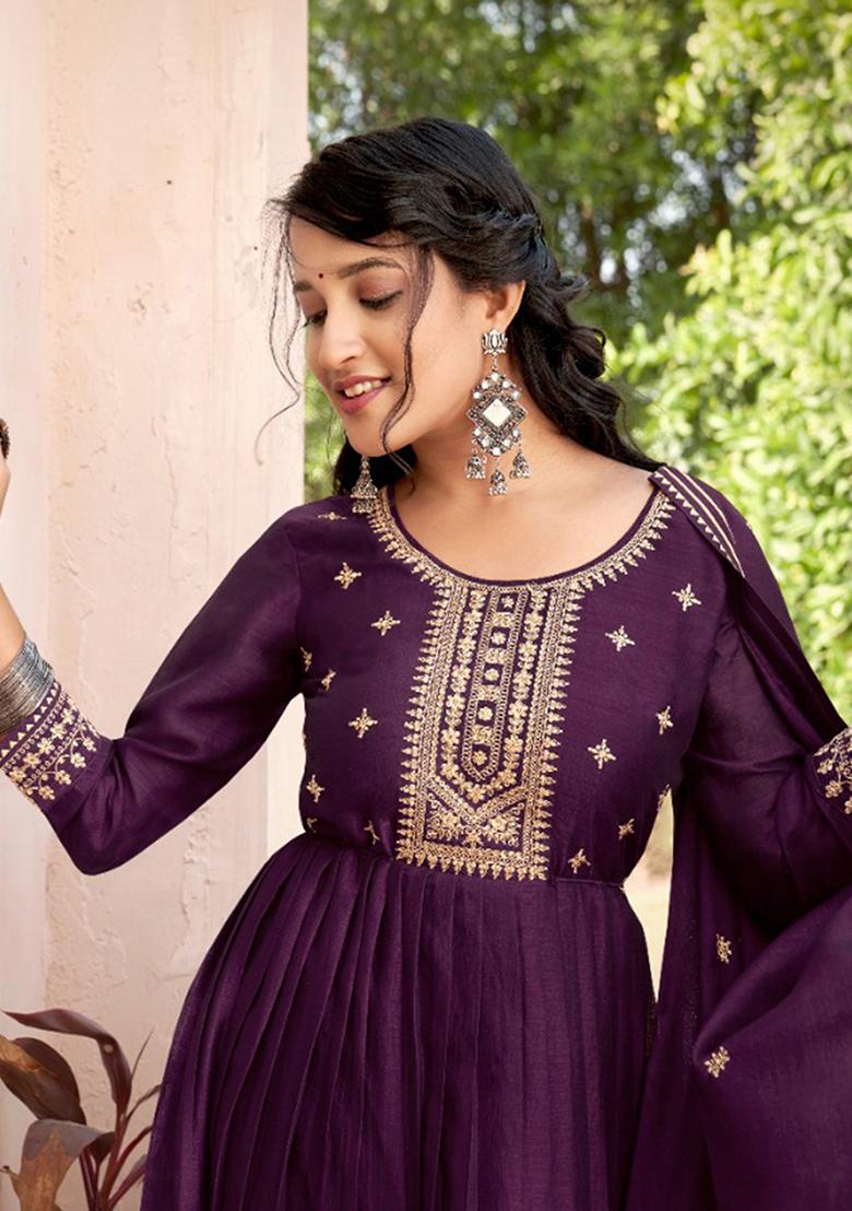 Wine Zari Embroidered Chinon Silk Kurta Set