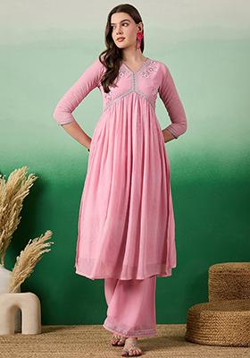 Light Pink Zari Embroidered Georgette Kurta Set