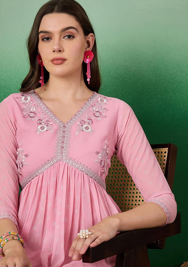 Light Pink Zari Embroidered Georgette Kurta Set