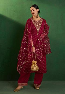 Rani Pink Zari Embroidered Satin Kurta Set