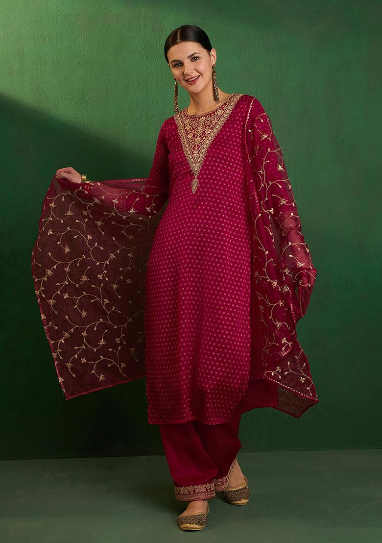 Rani Pink Zari Embroidered Satin Kurta Set