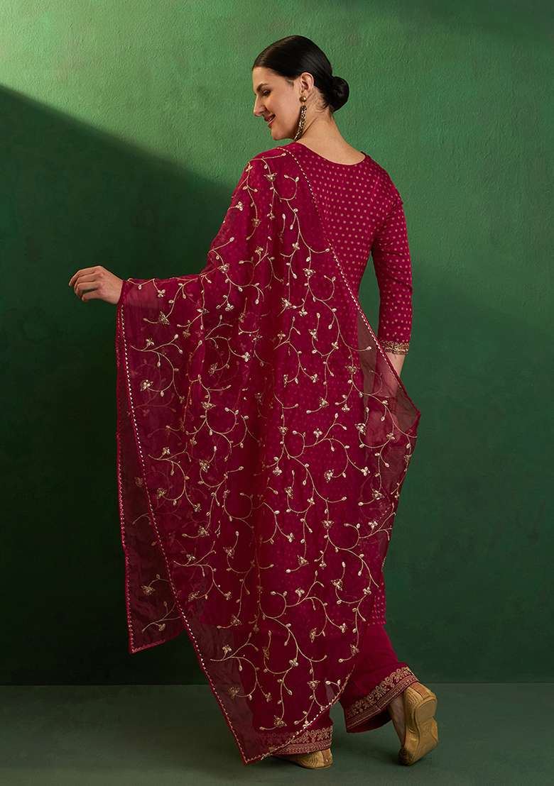 Rani Pink Embroidered Satin Straight Kurta Set - Indya