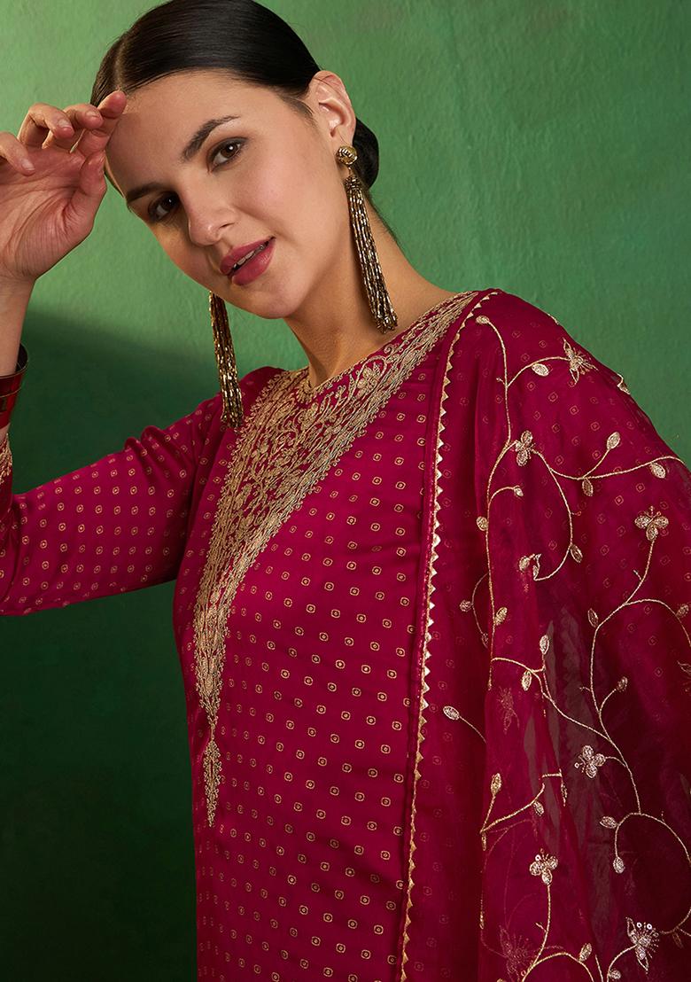 Rani Pink Zari Embroidered Satin Kurta Set