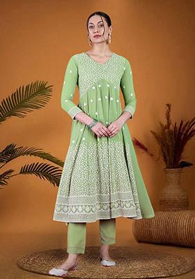 Pista Green Zari Embroidered Georgette Kurta Set