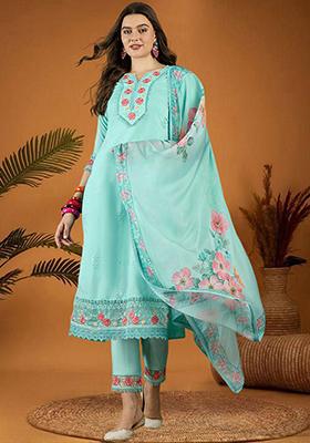 Sky Blue Zari Embroidered Roman Silk Kurta Set