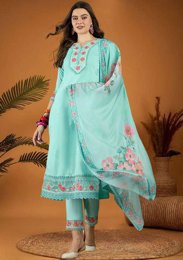 Sky Blue Embroidered Roman Straight Kurta Set - Indya