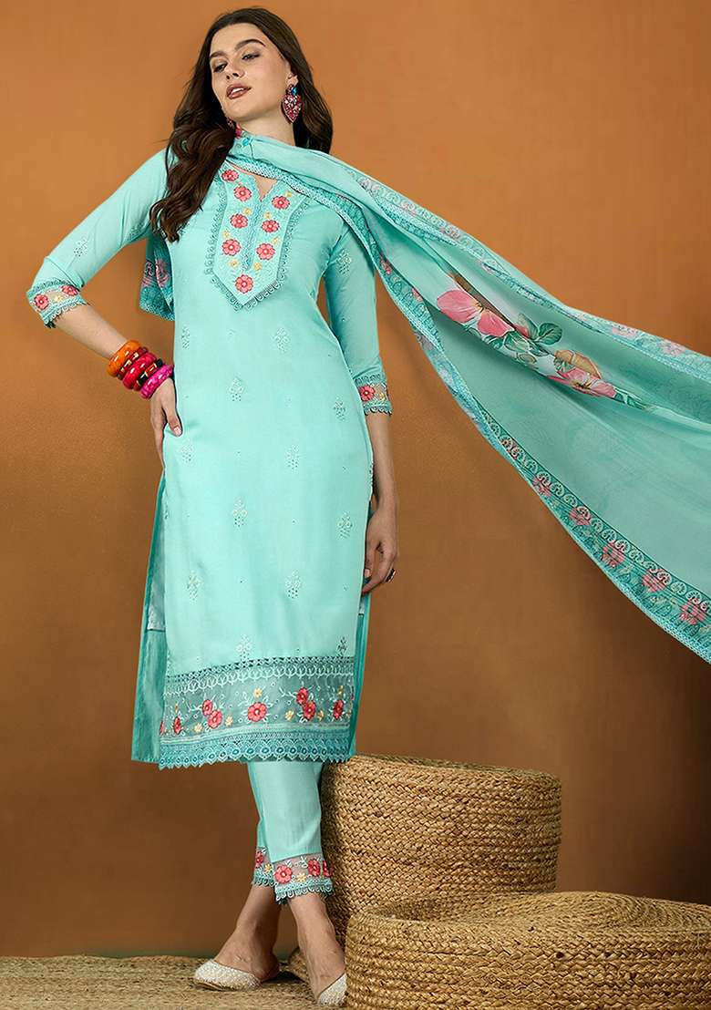 Sky Blue Embroidered Roman Straight Kurta Set - Indya