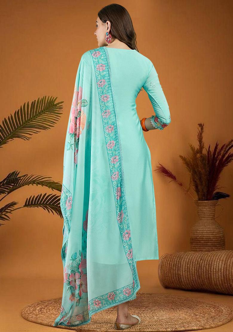 Sky Blue Zari Embroidered Roman Silk Kurta Set
