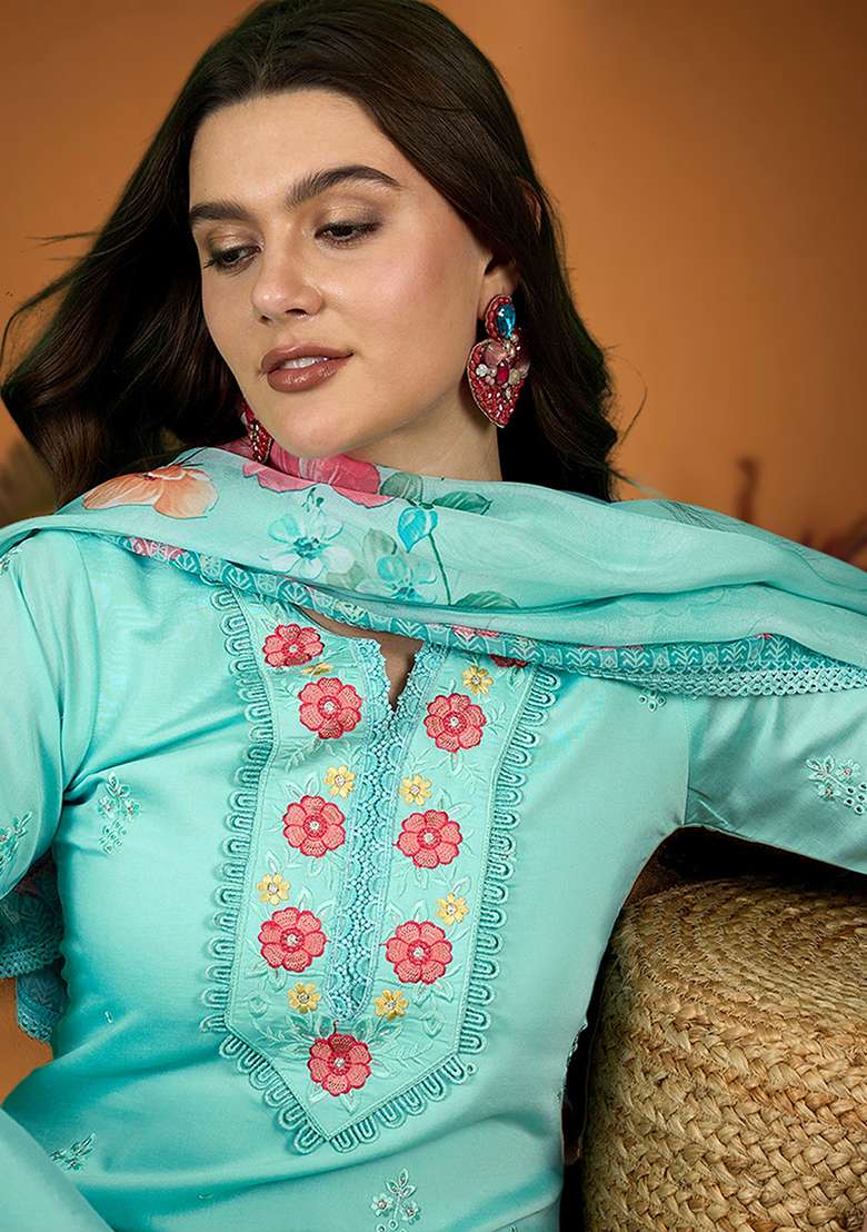 Sky Blue Embroidered Roman Straight Kurta Set - Indya