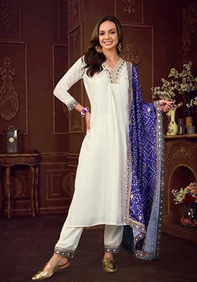 Off White Zari Embroidered Vichitra Kurta Set