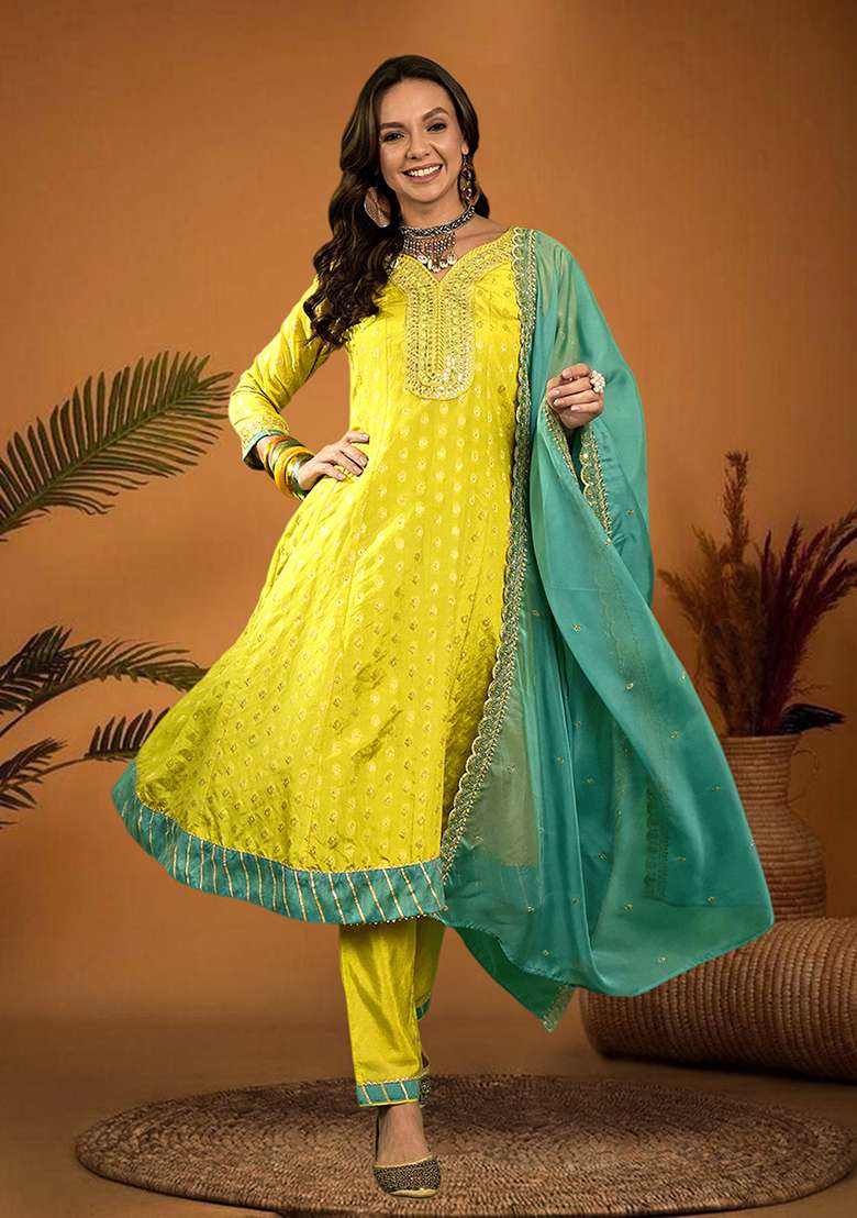 Mustard Chikankari Chanderi A Line Kurta Set - Indya