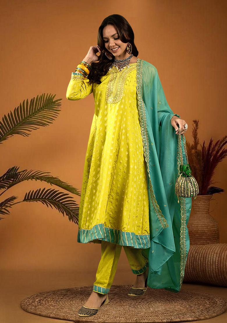 Mustard Zari Embroidered Chanderi Kurta Set