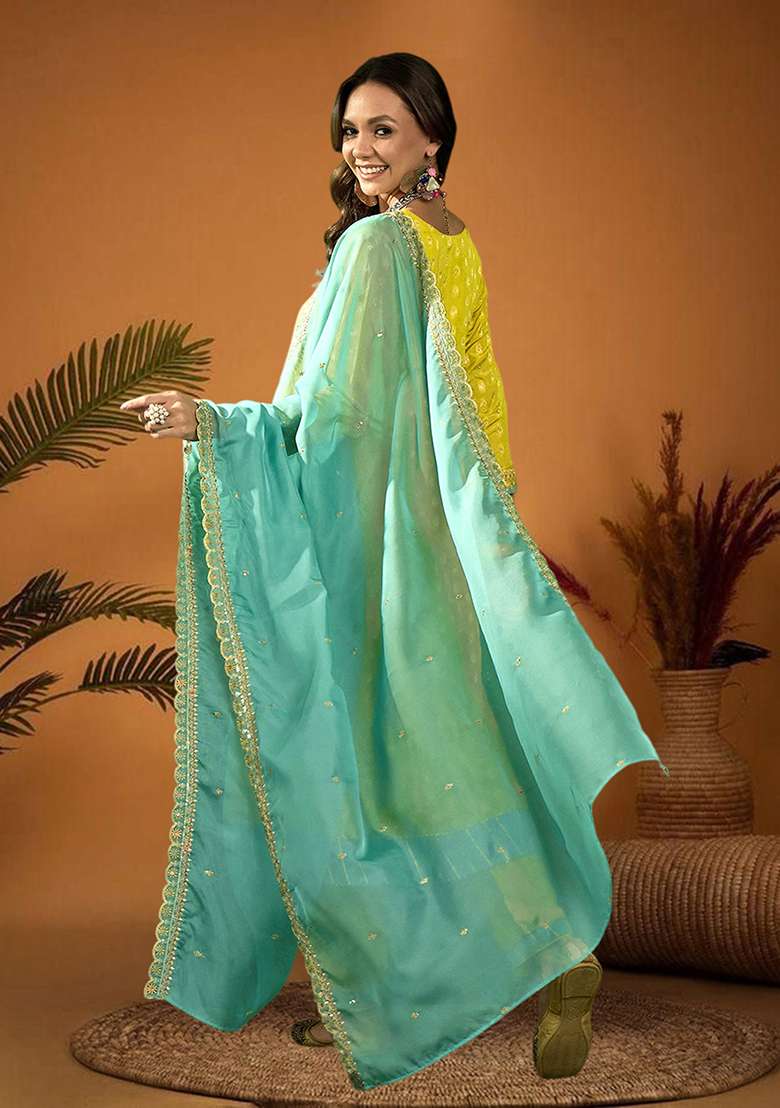 Mustard Chikankari Chanderi A Line Kurta Set - Indya