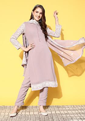 Lavender Zari Embroidered Georgette Kurta Set