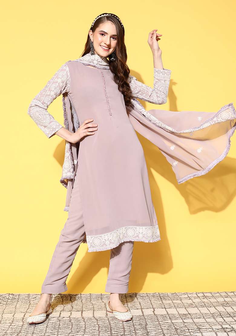 Lavender Embroidered Georgette Straight Kurta Set - Indya